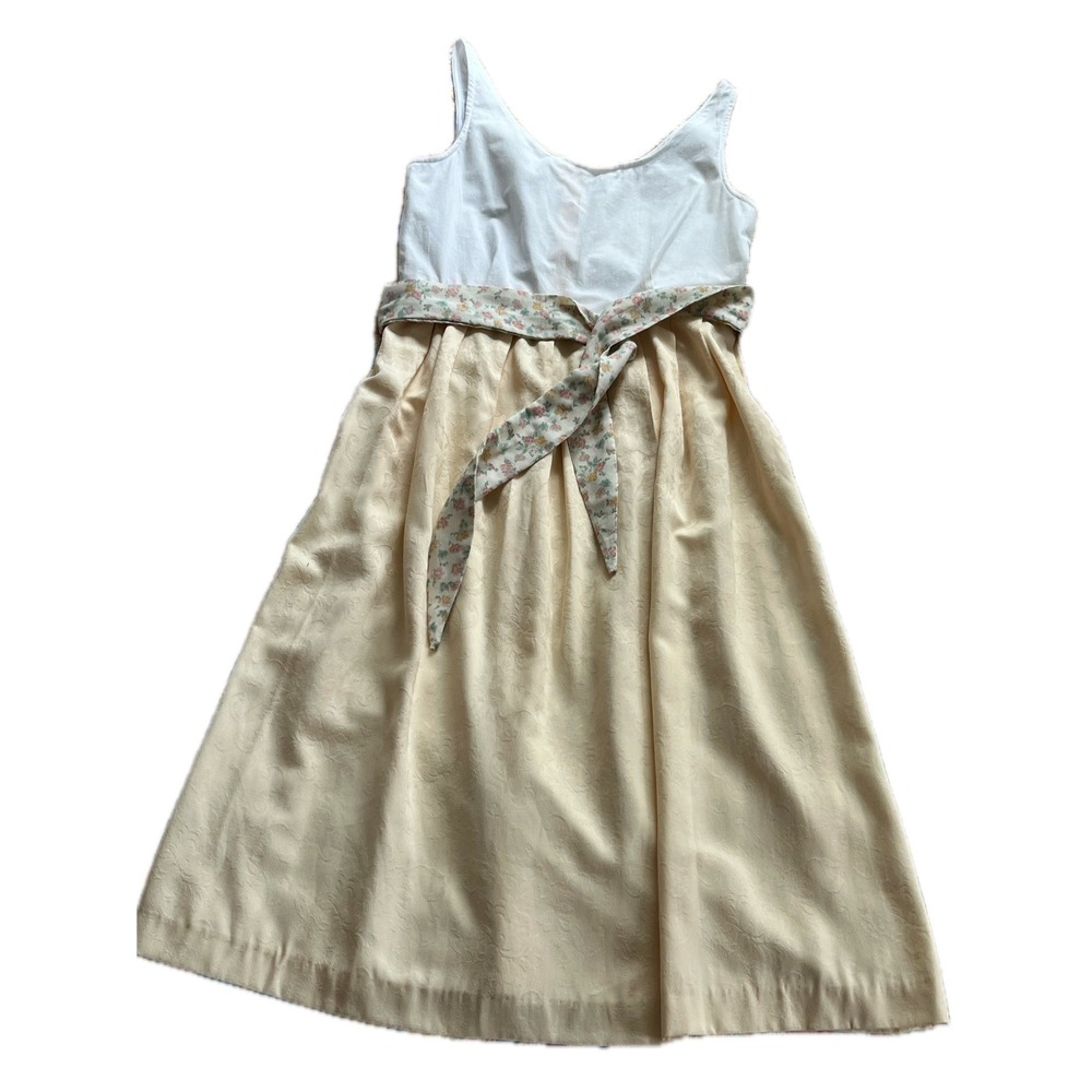 Upcycled Sleeveless Midi Dress Cream Jacquard Skirt Floral Sash Cottagecore Sz M